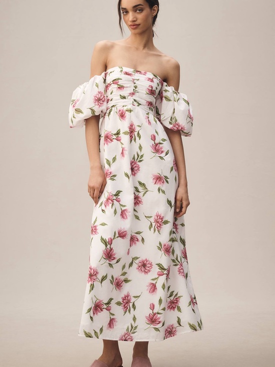 Banjanan Dresses & Skirts - Anthropologie Off-Shoulder White Floral Dress with Pink Blooms - NWT